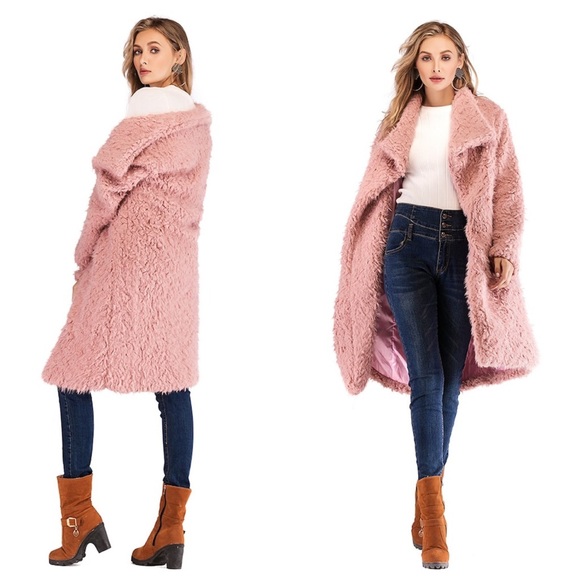 Pink teddy coat trenchcoat fuzzy faux fur - Picture 7 of 8